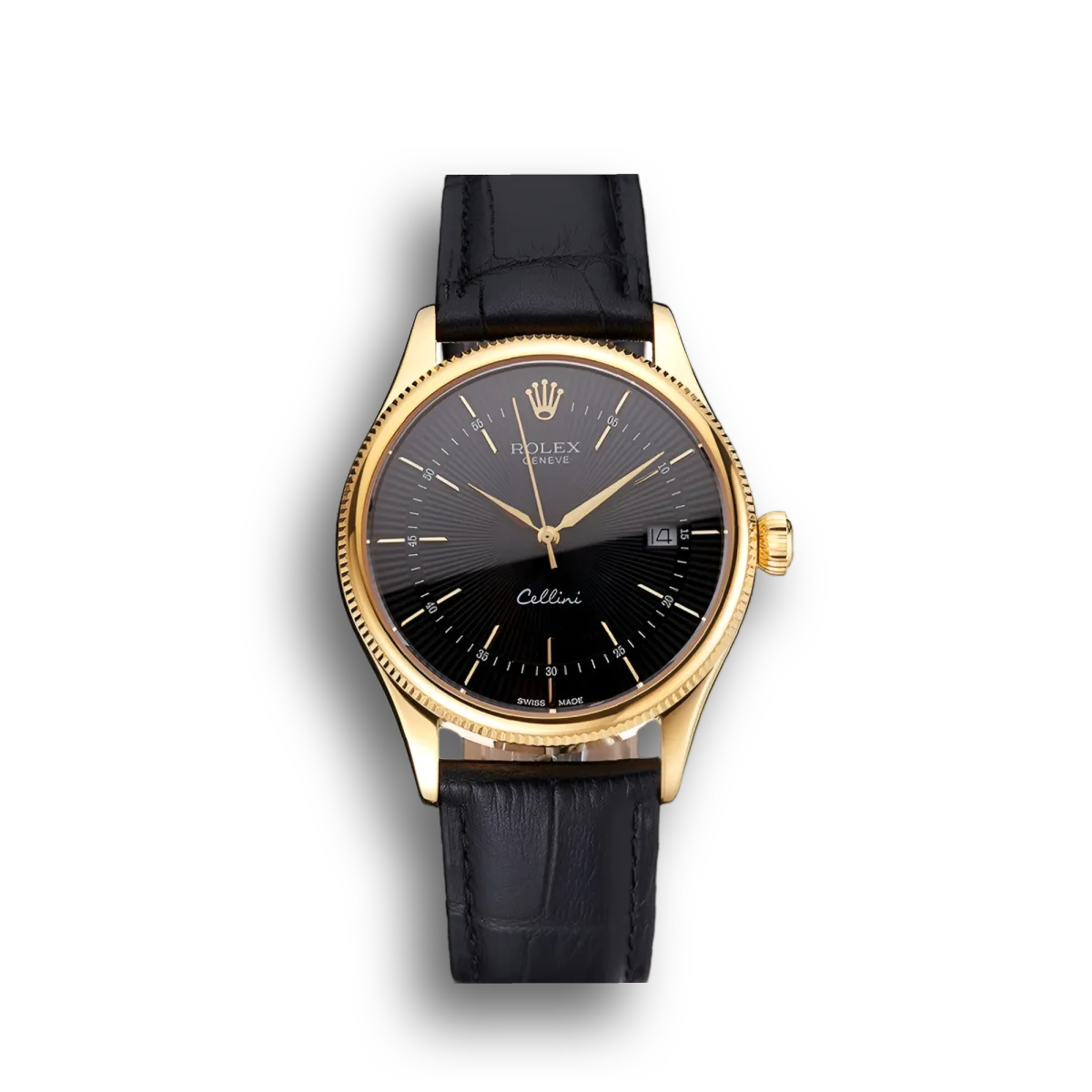 Rolex Cellini Date Black Dial Gold Case Black Leather Strap